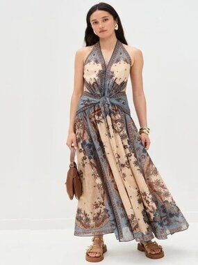zimmermann ascension plunge halter maxi dress Zimmermann Ascension Plunge Halter Maxi Dress in Blue & Cream Indienne Floral